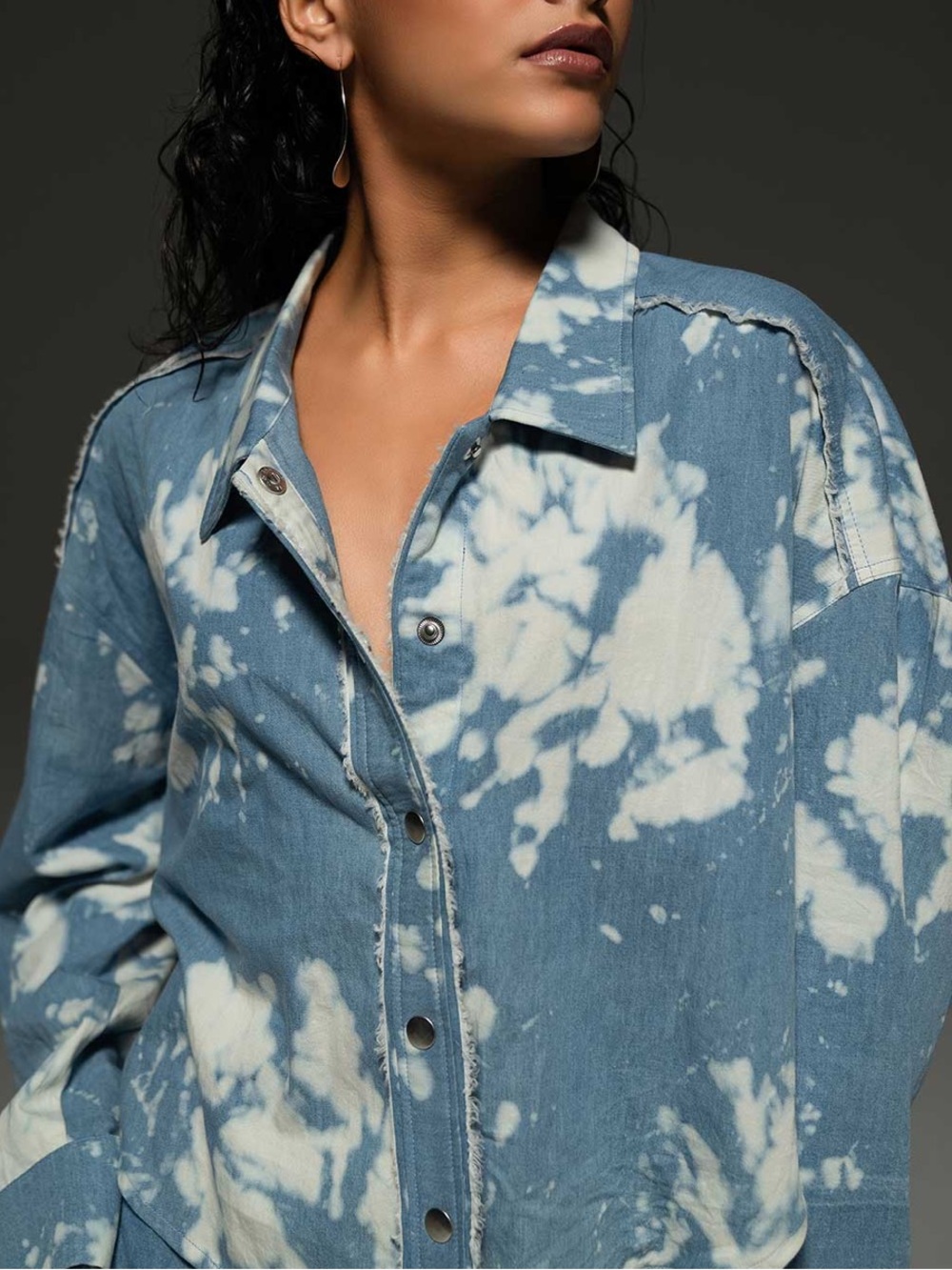 A Rate Bird Bleached Denim Button-Down Shirt Pearl Details S